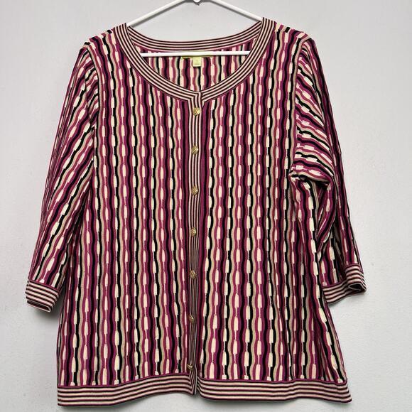 Sigrid Olsen Womens Silk Blend Cardigan Sz XL Striped Pink Black White Y2K 90s - Picture 1 of 10